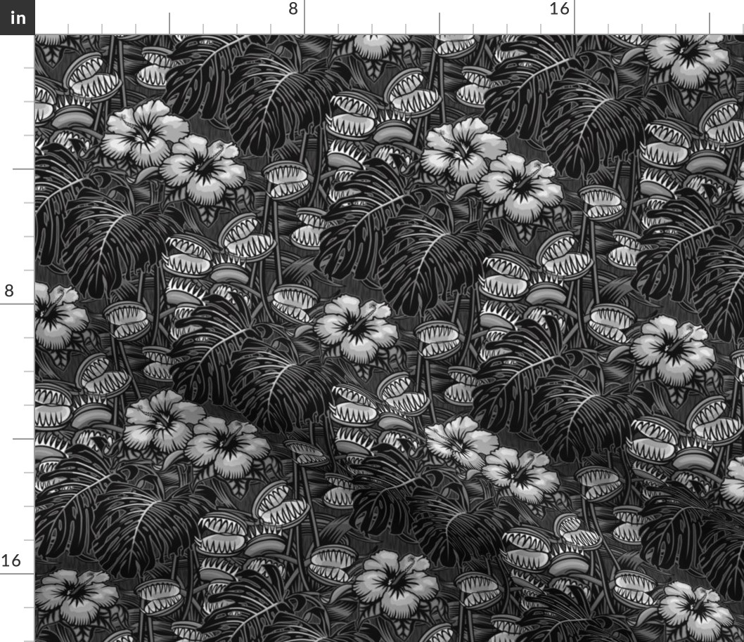 ★ TROPICAL NIGHT ★ Carnivorous Plant, Hibiscus & Monstera / Black and White, Small Scale / Collection : It’s a Jungle Out There – Savage Hawaiian Prints
