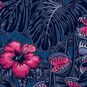 ★ TROPICAL NIGHT ★ Carnivorous Plant, Hibiscus & Monstera / Pink + Denim Blue, Large Scale / Collection : It’s a Jungle Out There – Savage Hawaiian Prints