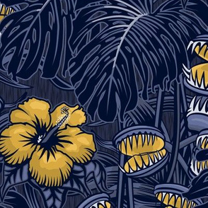 ★ TROPICAL NIGHT ★ Carnivorous Plant, Hibiscus & Monstera / Mustard Yellow + Denim Blue, Large Scale / Collection : It’s a Jungle Out There – Savage Hawaiian Prints