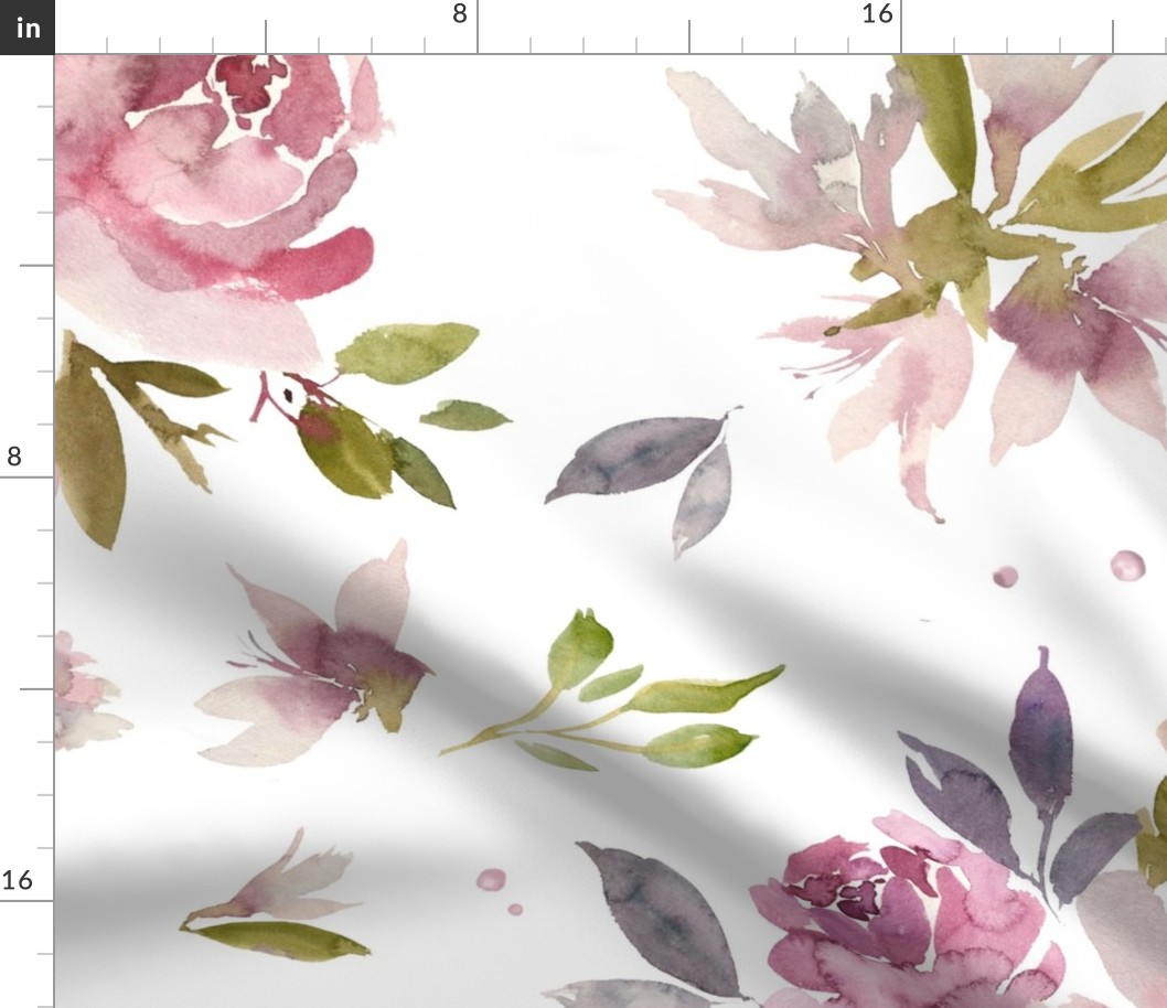 33” Mauve Floral - Large scale Floral Wallpaper - Pink and Purple watercolor flowers