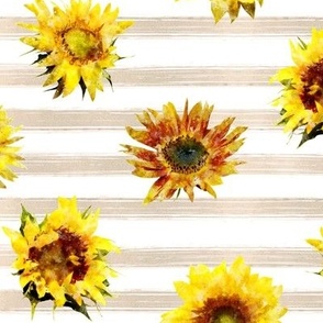 Sunflowers on beige strips - watercolor florals
