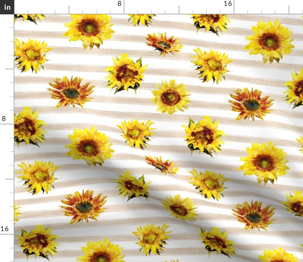 Sunflowers on beige strips - watercolor florals
