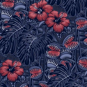 ★ TROPICAL NIGHT ★ Carnivorous Plant, Hibiscus & Monstera / Burgundy + Denim Blue, Small Scale / Collection : It’s a Jungle Out There – Savage Hawaiian Prints