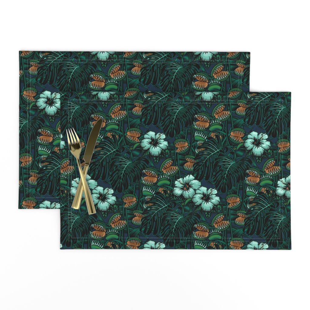 ★ TROPICAL NIGHT ★ Carnivorous Plant, Hibiscus & Monstera / Mint + Green + Gold, Small Scale / Collection : It’s a Jungle Out There – Savage Hawaiian Prints