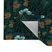 ★ TROPICAL NIGHT ★ Carnivorous Plant, Hibiscus & Monstera / Mint + Green + Gold, Small Scale / Collection : It’s a Jungle Out There – Savage Hawaiian Prints