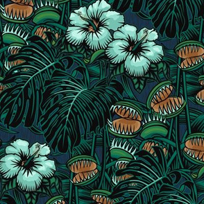 ★ TROPICAL NIGHT ★ Carnivorous Plant, Hibiscus & Monstera / Mint + Green + Gold, Small Scale / Collection : It’s a Jungle Out There – Savage Hawaiian Prints