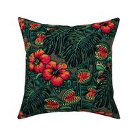 ★ TROPICAL NIGHT ★ Carnivorous Plant, Hibiscus & Monstera / Red + Emerald Green, Large Scale / Collection : It’s a Jungle Out There – Savage Hawaiian Prints