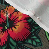 ★ TROPICAL NIGHT ★ Carnivorous Plant, Hibiscus & Monstera / Red + Emerald Green, Large Scale / Collection : It’s a Jungle Out There – Savage Hawaiian Prints