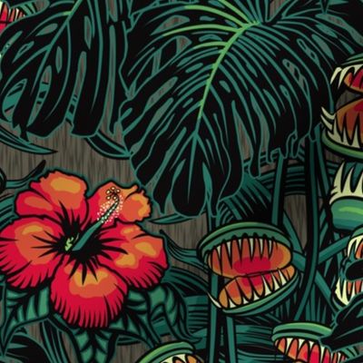 ★ TROPICAL NIGHT ★ Carnivorous Plant, Hibiscus & Monstera / Red + Emerald Green, Large Scale / Collection : It’s a Jungle Out There – Savage Hawaiian Prints