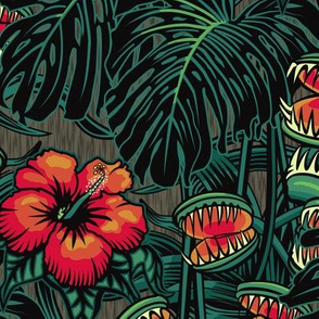 ★ TROPICAL NIGHT ★ Carnivorous Plant, Hibiscus & Monstera / Red + Emerald Green, Large Scale / Collection : It’s a Jungle Out There – Savage Hawaiian Prints