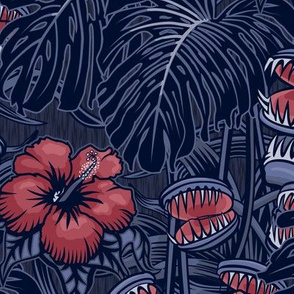 ★ TROPICAL NIGHT ★ Carnivorous Plant, Hibiscus & Monstera / Burgundy + Denim Blue, Large Scale / Collection : It’s a Jungle Out There – Savage Hawaiian Prints