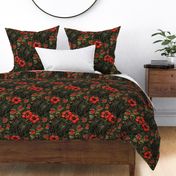 ★ TROPICAL NIGHT ★ Carnivorous Plant, Hibiscus & Monstera / Red + Olive Green, Large Scale / Collection : It’s a Jungle Out There – Savage Hawaiian Prints