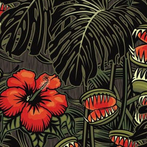 ★ TROPICAL NIGHT ★ Carnivorous Plant, Hibiscus & Monstera / Red + Olive Green, Large Scale / Collection : It’s a Jungle Out There – Savage Hawaiian Prints