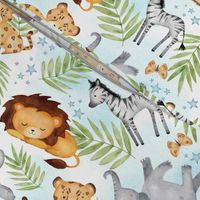 Jungle Animals (blue wash) - Kids Safari Animal Nursery Bedding, Lion Elephant Giraffe Zebra Rhino Cheetah