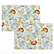 Jungle Animals (blue wash) - Kids Safari Animal Nursery Bedding, Lion Elephant Giraffe Zebra Rhino Cheetah