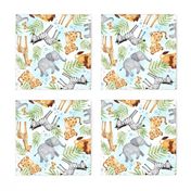 Jungle Animals (blue wash) - Kids Safari Animal Nursery Bedding, Lion Elephant Giraffe Zebra Rhino Cheetah