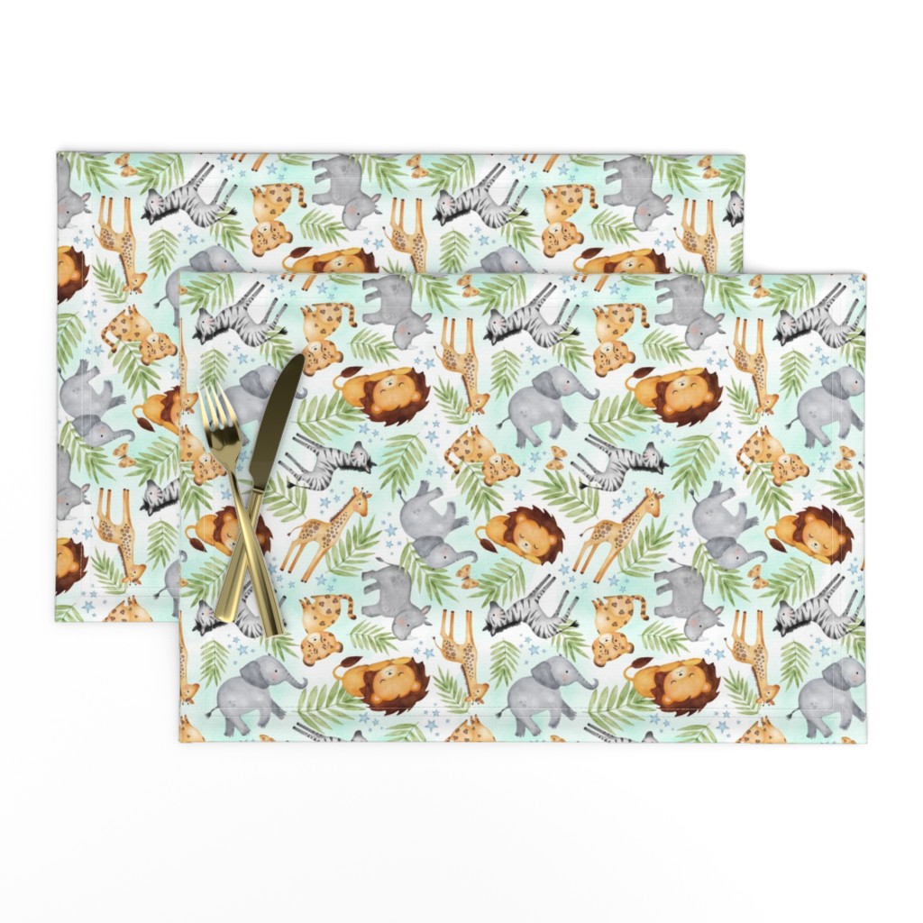 Jungle Animals (mint wash) - Kids Safari Animal Nursery Bedding, Lion Elephant Giraffe Zebra Rhino Cheetah, SMALLER scale