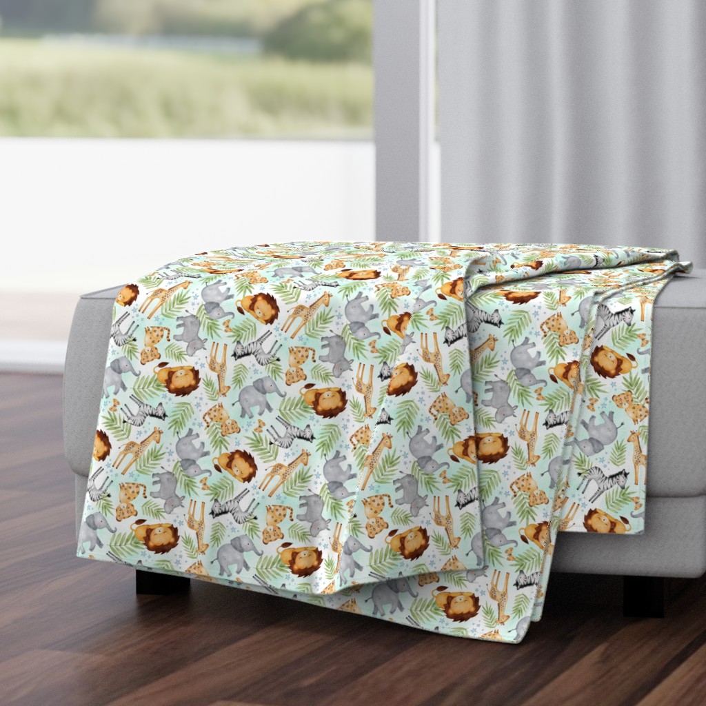 Jungle Animals (mint wash) - Kids Safari Animal Nursery Bedding, Lion Elephant Giraffe Zebra Rhino Cheetah, SMALLER scale