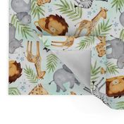 Jungle Animals (mint wash) - Kids Safari Animal Nursery Bedding, Lion Elephant Giraffe Zebra Rhino Cheetah, SMALLER scale