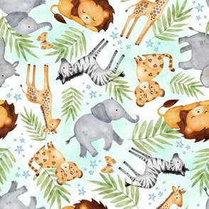 Jungle Animals (mint wash) - Kids Safari Animal Nursery Bedding, Lion Elephant Giraffe Zebra Rhino Cheetah, SMALLER scale