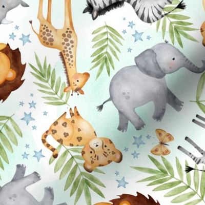 Jungle Animals (mint wash) - Kids Safari Animal Nursery Bedding, Lion Elephant Giraffe Zebra Rhino Cheetah