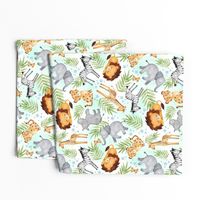 Jungle Animals (mint wash) - Kids Safari Animal Nursery Bedding, Lion Elephant Giraffe Zebra Rhino Cheetah