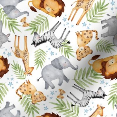 Safari Animals Lion Elephant Baby Toss White 100% cotton Fabric by the yard