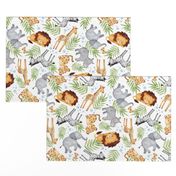 Jungle Animals (white) - Kids Safari Animal Nursery Bedding, Lion Elephant Giraffe Zebra Rhino Cheetah