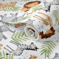 Jungle Animals (white) - Kids Safari Animal Nursery Bedding, Lion Elephant Giraffe Zebra Rhino Cheetah