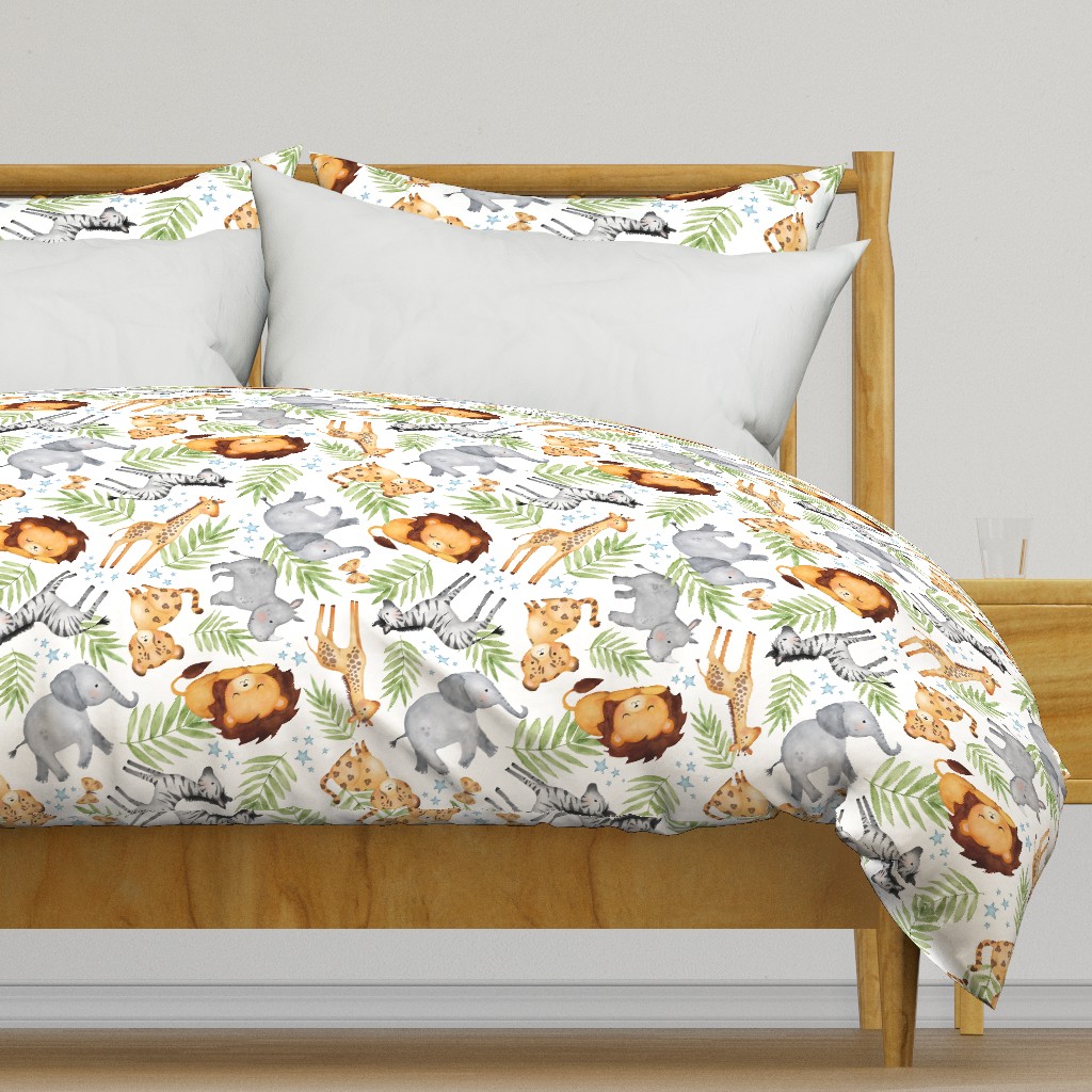 XL Jungle Animals (white) - Kids Safari Animal Nursery Bedding, Lion Elephant Giraffe Zebra Rhino Cheetah