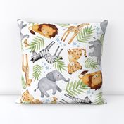 XL Jungle Animals (white) - Kids Safari Animal Nursery Bedding, Lion Elephant Giraffe Zebra Rhino Cheetah