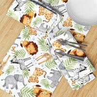 XL Jungle Animals (white) - Kids Safari Animal Nursery Bedding, Lion Elephant Giraffe Zebra Rhino Cheetah