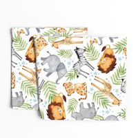 XL Jungle Animals (white) - Kids Safari Animal Nursery Bedding, Lion Elephant Giraffe Zebra Rhino Cheetah