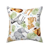 XL Jungle Animals (white) - Kids Safari Animal Nursery Bedding, Lion Elephant Giraffe Zebra Rhino Cheetah