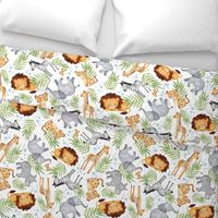 XL Jungle Animals (white) - Kids Safari Animal Nursery Bedding, Lion Elephant Giraffe Zebra Rhino Cheetah