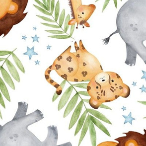 XL Jungle Animals (white) - Kids Safari Animal Nursery Bedding, Lion Elephant Giraffe Zebra Rhino Cheetah