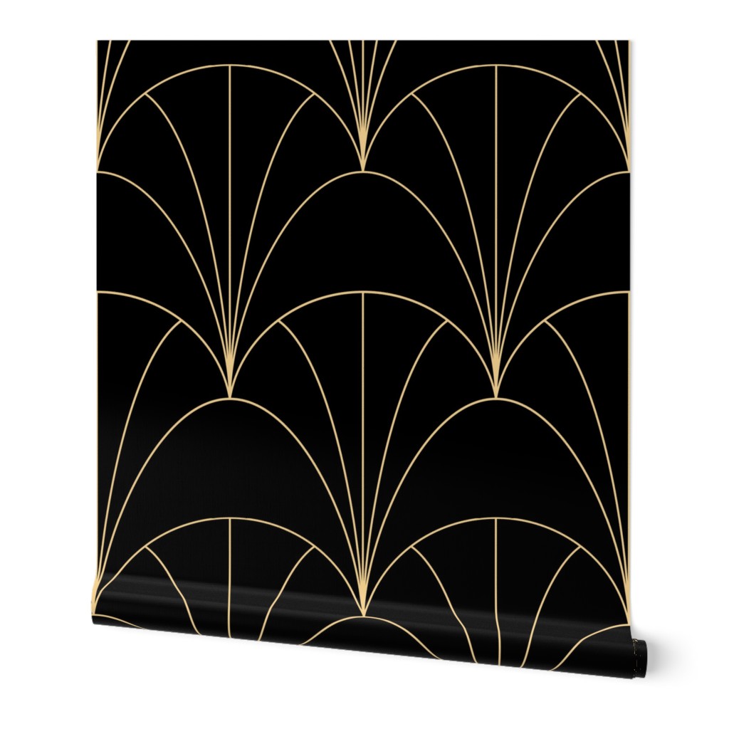 DELICATE ART DECO FANS - GOLD ON BLACK - EXTRA LARGE SCALE