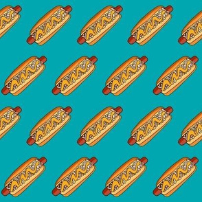 new york hot dog fabric - hot dog, nyc, new york food, street food, nyc hot dog -  teal