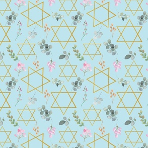 Star of David floral, Blue background 