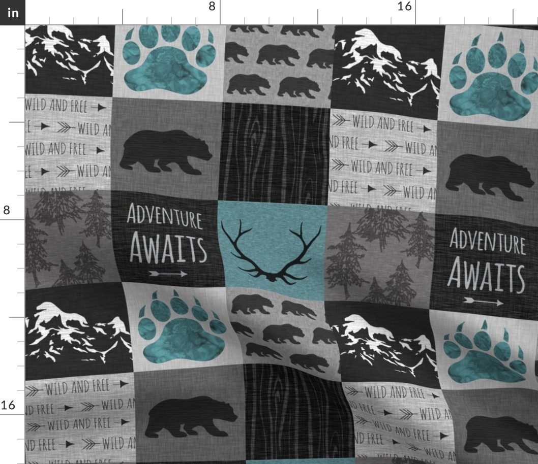 4” adventure bears patchwork - teal, black, grey