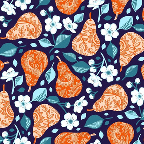 Pears and Blossoms in Orange and Blue - large