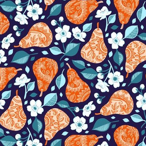 Pears and Blossoms in Orange and Blue - small print