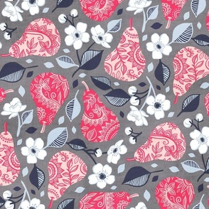 Pretty Pears and Blossoms in textured grey and pink - large