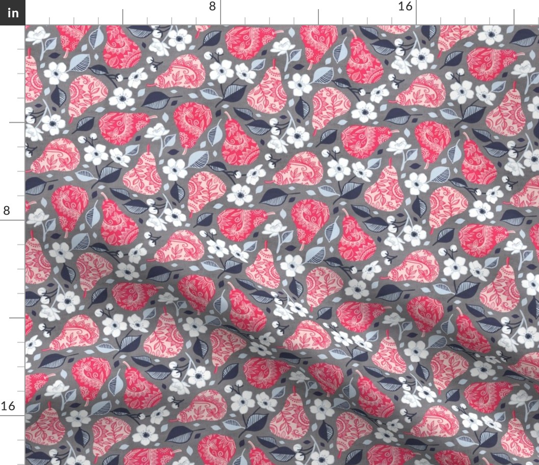 Pretty Pears and Blossoms in textured grey and pink - small