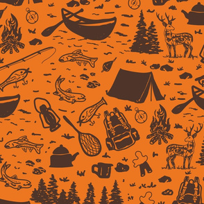 Lake Adventure- Camping, Fishing, the Best Social Distancing- Orange- Doodle Sketch- Large Scale