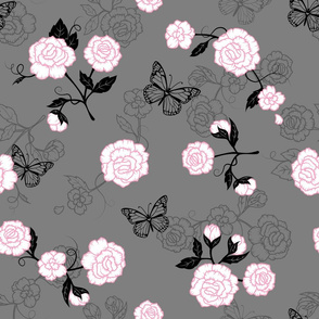 Pink Flowers and Black Butterflies - Large Scale