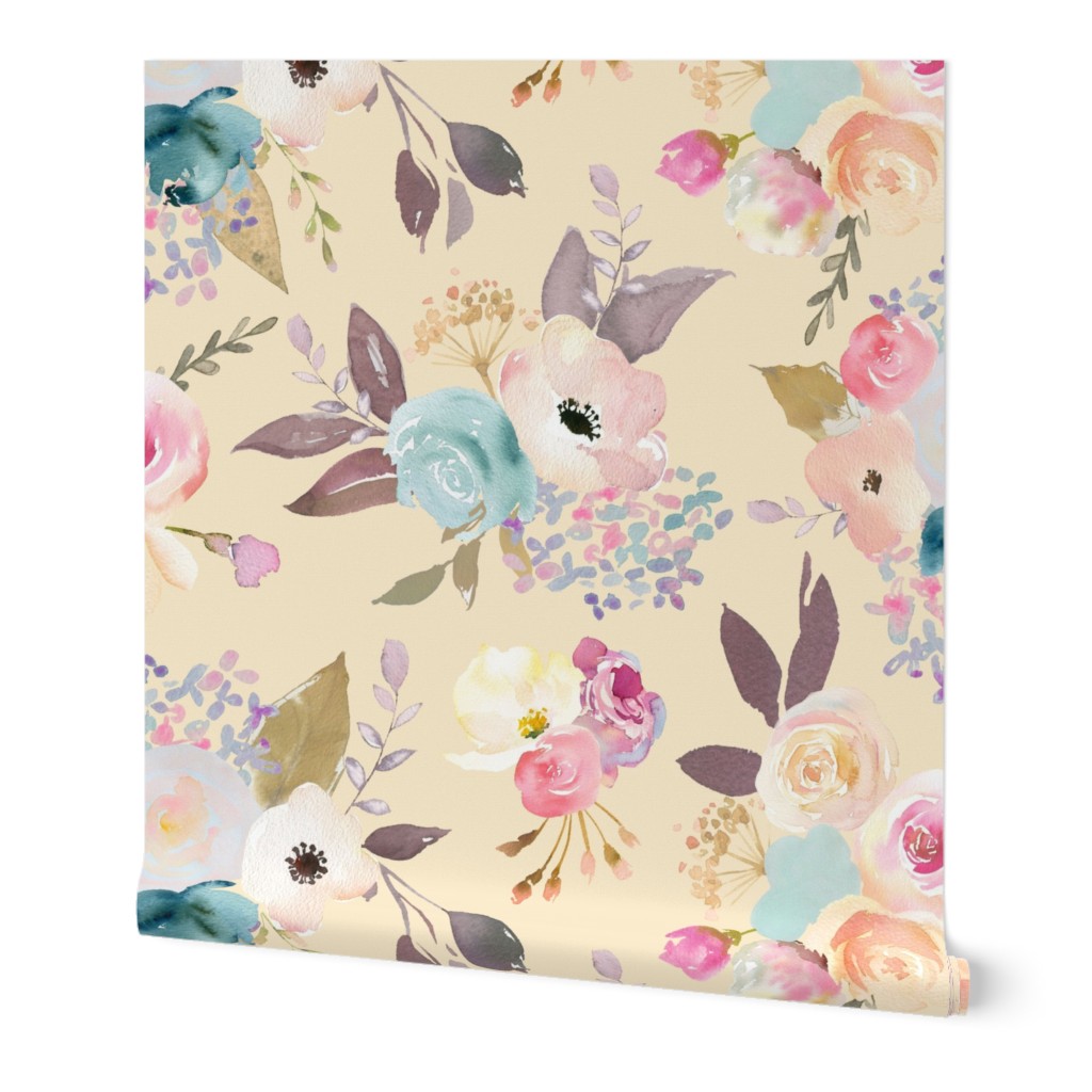 Dusty Pink and Blue Watercolor Floral (small) // Off White