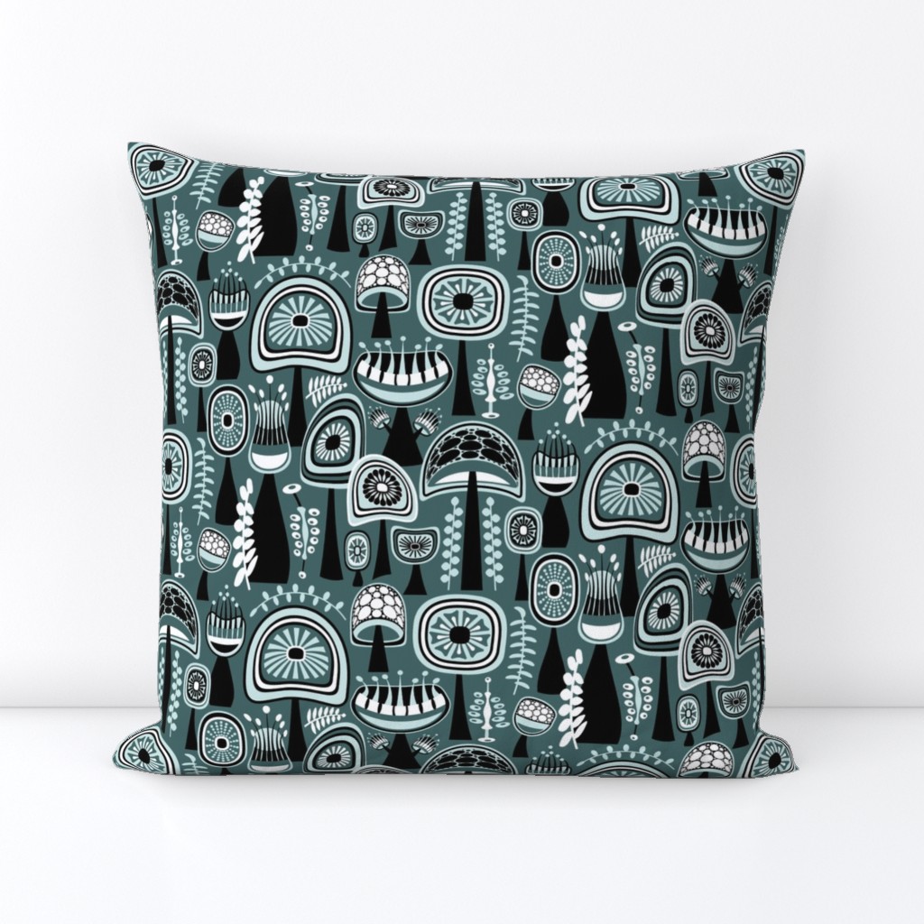 Magic Mushrooms // Pine and Mint Green, Black and White // Medium Small Scale - 563 DPI