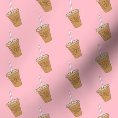 iced coffee fabric - food fabric, coffee fabric - pink