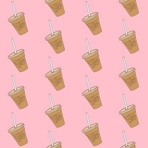 iced coffee fabric - food fabric, coffee fabric - pink